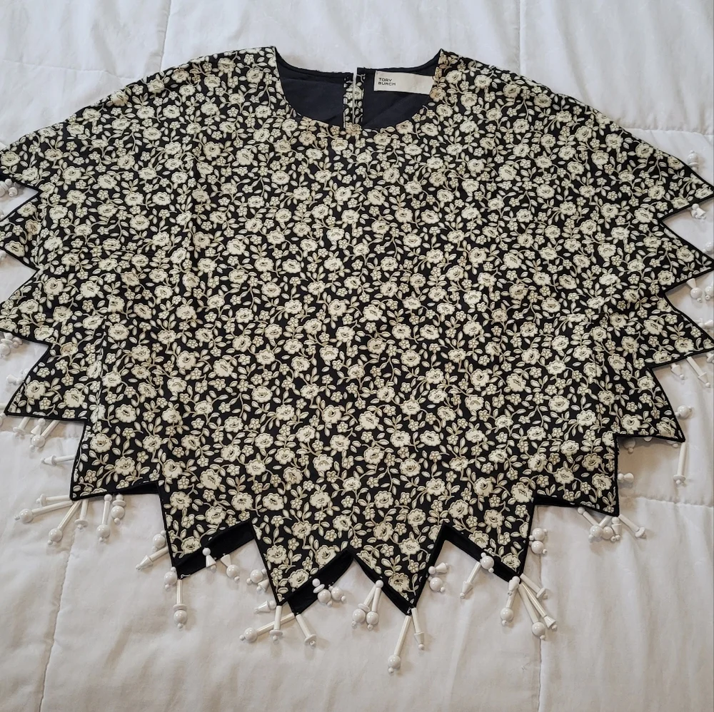 Tory Burch Black and Cream Floral Beaded Hem Blouse - Picture 1 of 6